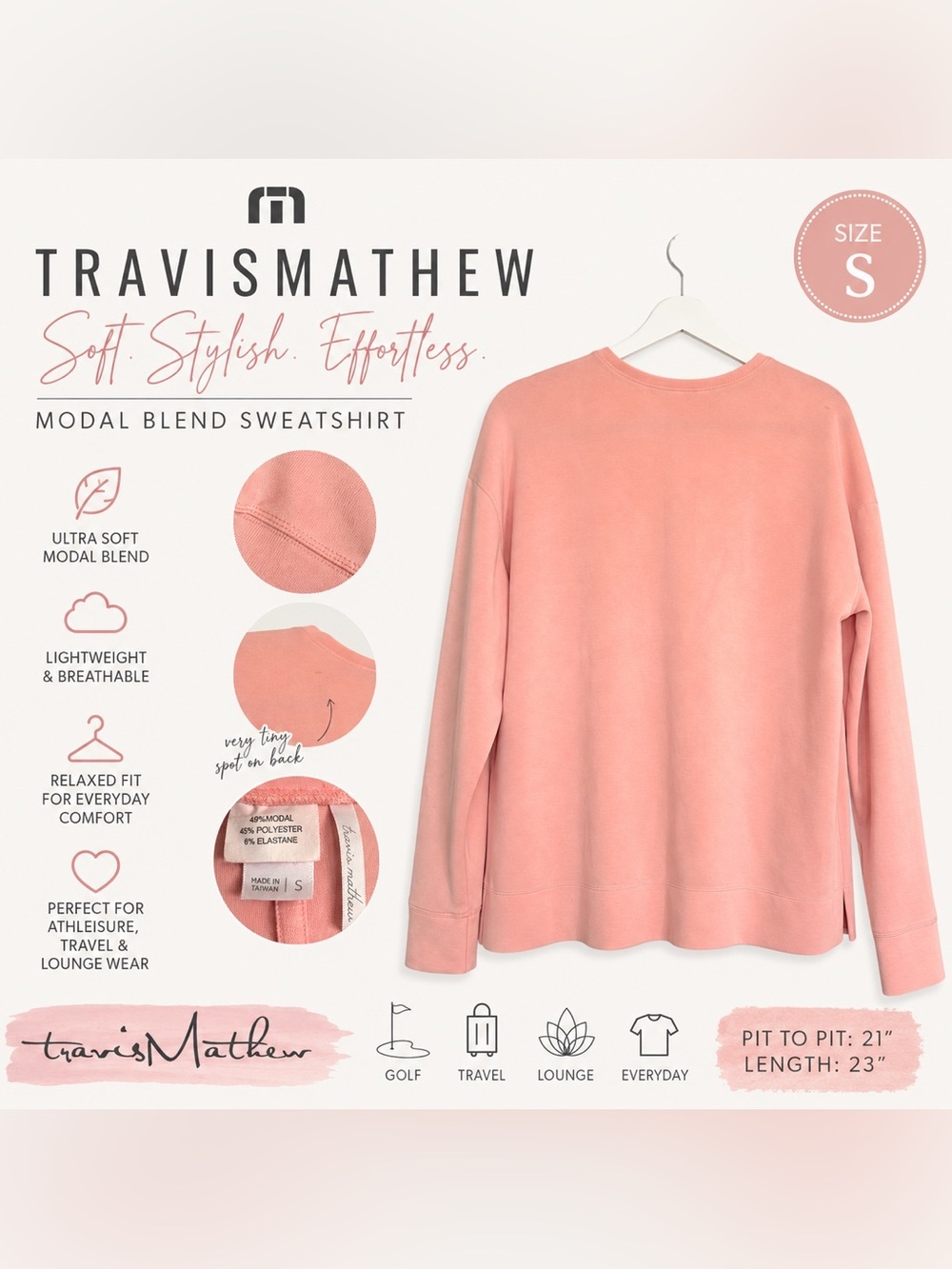 Travis Mathew Pink Modal Blend Pullover Sweatshirt Size S